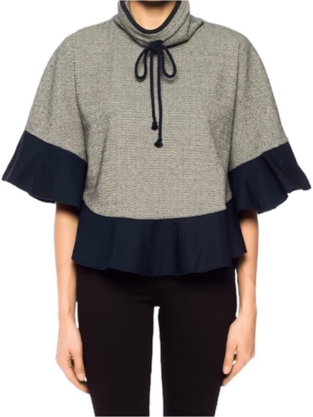 See By Chloe Gray Tweed Cape Top with Navy Ruffle Trim